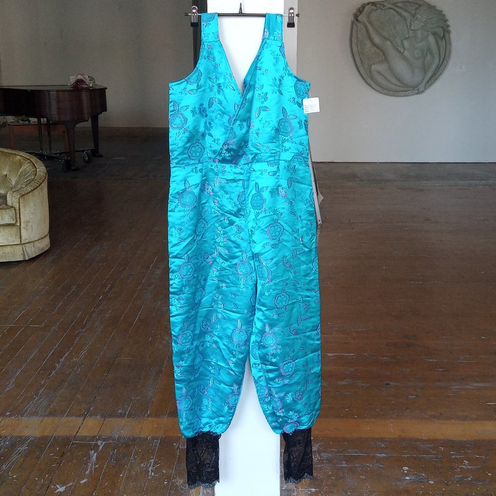 Satin like Teal Blue and Magenta Floral Jumpsuit